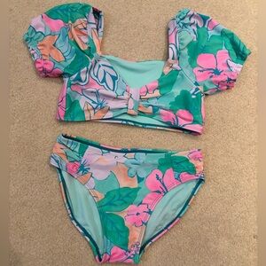 Cat & Jack Girls' Floral Puff-Sleeve Bikini - Aqua, Pink & Peach